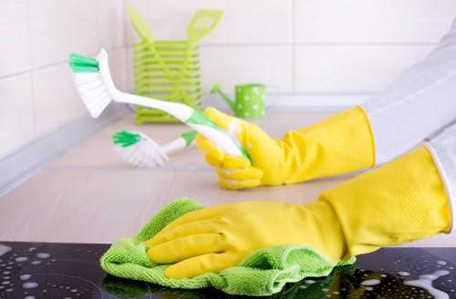 Professional cleaner dusting and vacuuming in an SE22 flat
